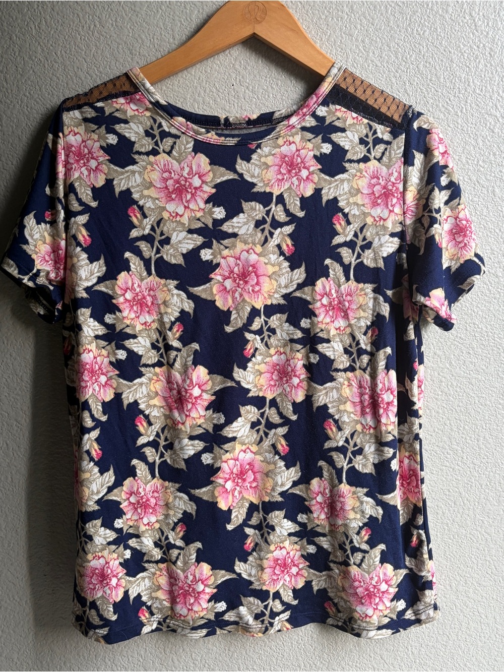 Navy Floral Short-Sleeve Blouse with Pink Blossoms small